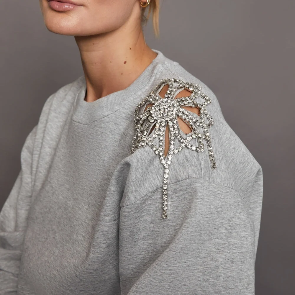 Carbon38 Rhinestone cut out Gray Sweatshirt with Embellished Shoulder - Picture 4 of 16